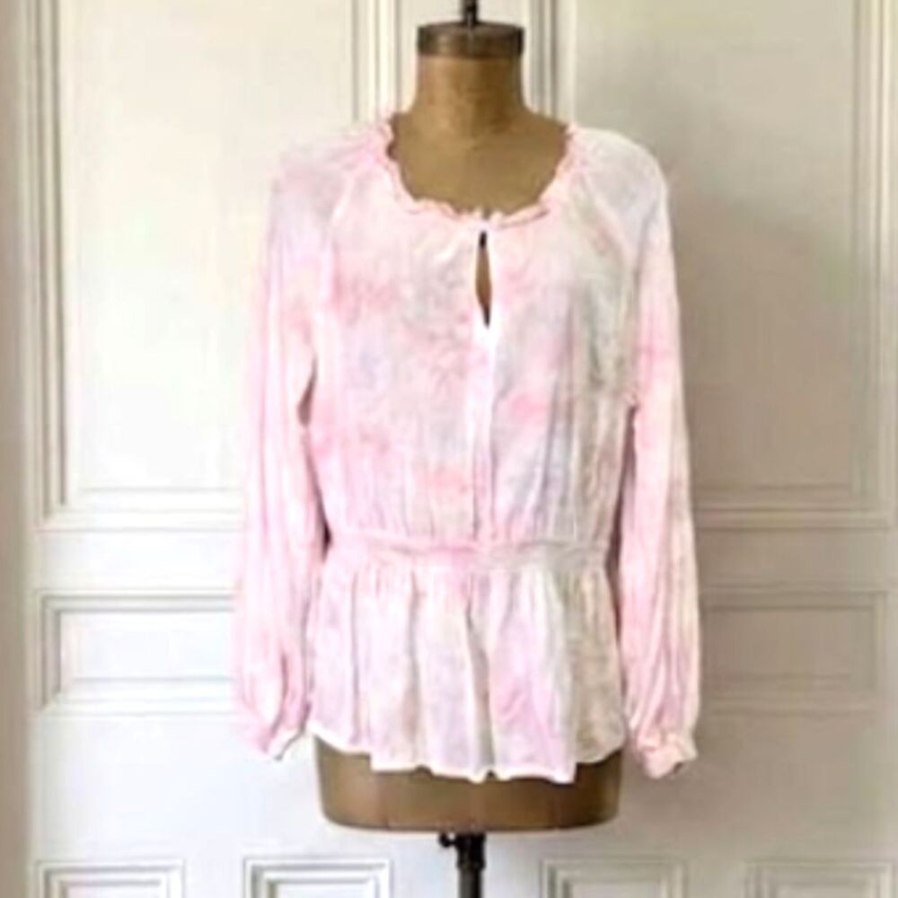White Pink Lightweight Ruffle Top Womens Sz Med Pastel Boho Fairy Stretch Office